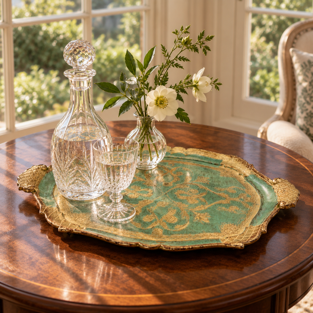 Vintage Florentine Gilt Tray — Turquoise & Gold — Revived Art & Decor